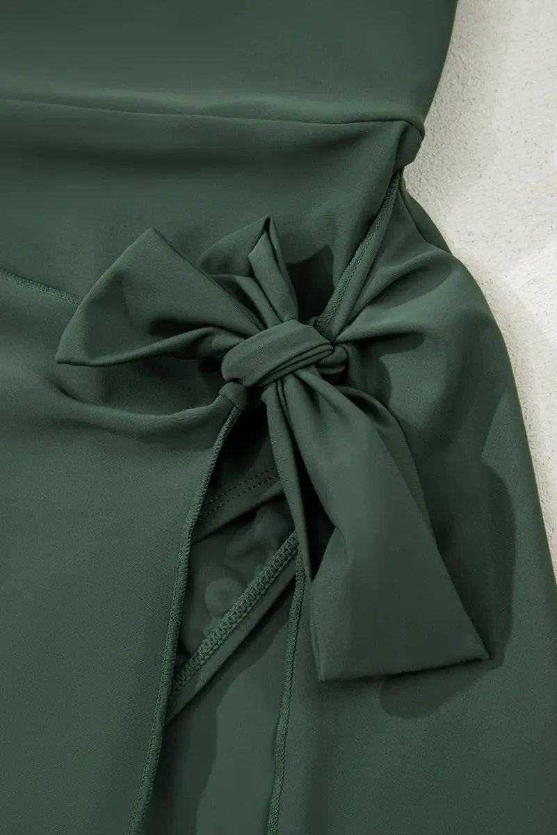 Mist Green Side Tied Waist Square Neck Adjustable Straps A-line One Piece Swim Dress - Love Salve